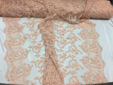 Majestic peach Shinny vine desing Embroider And Heavy Beaded On A mesh lace-prom-nightgown-decorations-dresses-sold by the yard.