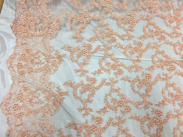 Majestic peach Shinny vine desing Embroider And Heavy Beaded On A mesh lace-prom-nightgown-decorations-dresses-sold by the yard.