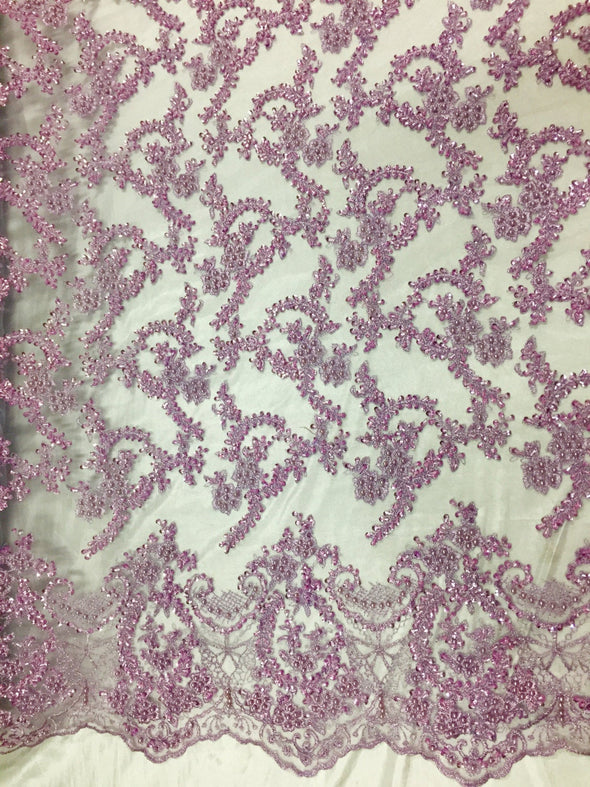 Majestic lilac vine design embroider wnd Heavy Beaded On A Mesh Lace-prom-nightgown-decorations-dresses-sold by the yard.