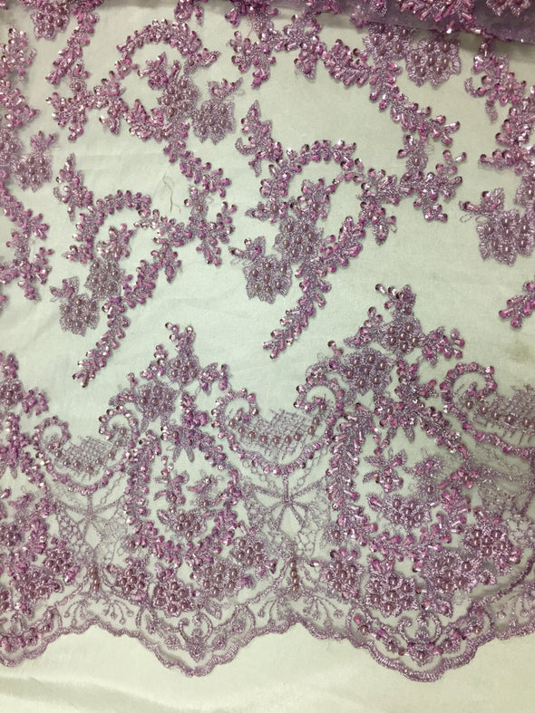 Majestic lilac vine design embroider wnd Heavy Beaded On A Mesh Lace-prom-nightgown-decorations-dresses-sold by the yard.