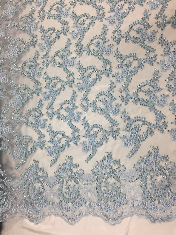 Majestic light Blue Shinny vine design embroider and heavy beading on a mesh lace-prom-nightgown-decorations-dresses-sold by the yard.