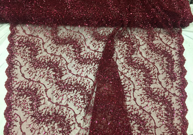 Burgundy french beaded design embroider on a mesh lace-prom-nightgown-bridal-wedding-sold by the yard.