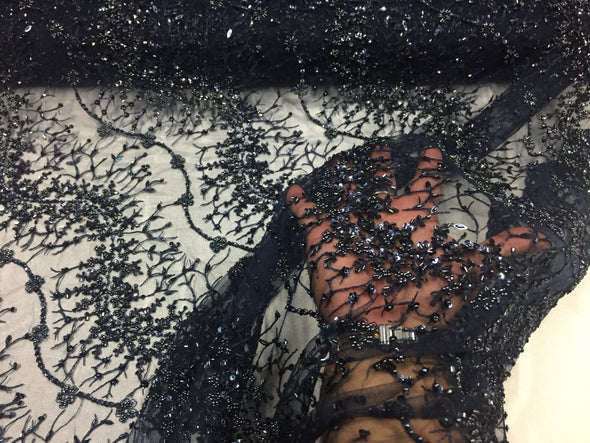 Navy blue french beaded design embroider on a mesh lace-prom-nightgown-bridal-wedding.sold by the yard.