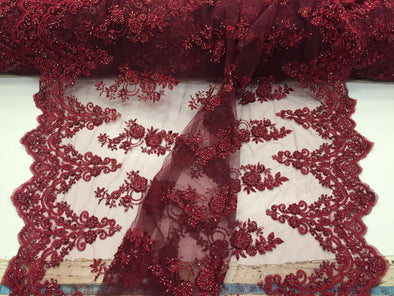 Elegant burgundy hand beaded flower design embroider on a mesh lace-prom-nightgown-bridal-wedding-sold by the yard.