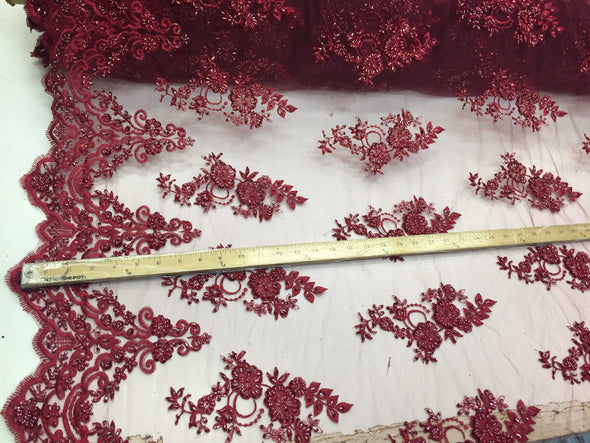 Elegant burgundy hand beaded flower design embroider on a mesh lace-prom-nightgown-bridal-wedding-sold by the yard.