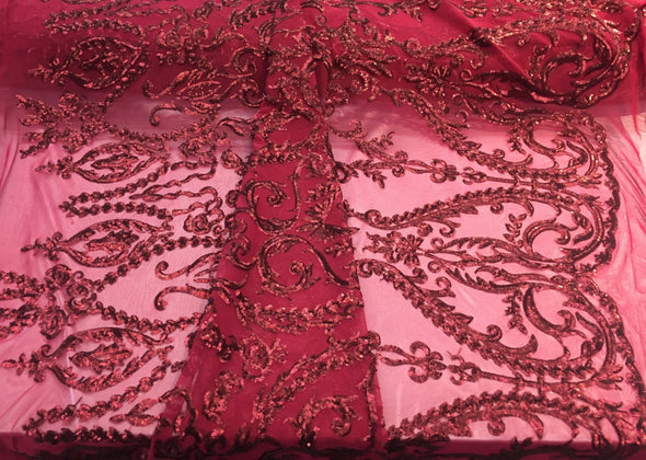 Matte burgundy damask design embroider with sequins on a 2 way stretch mesh-prom-nightgown-decorations-sold by the yard.