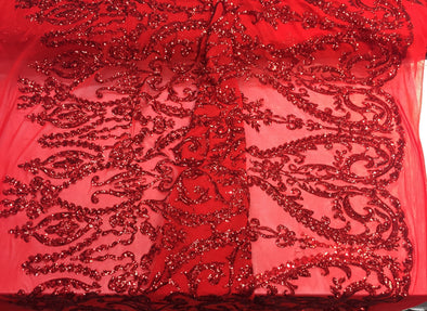 Red damask design embroider with Sequins On A 2 way stretch-prom-nightgown-decorations-Sold by the yard.