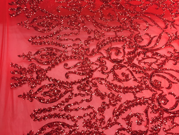 Red damask design embroider with Sequins On A 2 way stretch-prom-nightgown-decorations-sold by the yard.