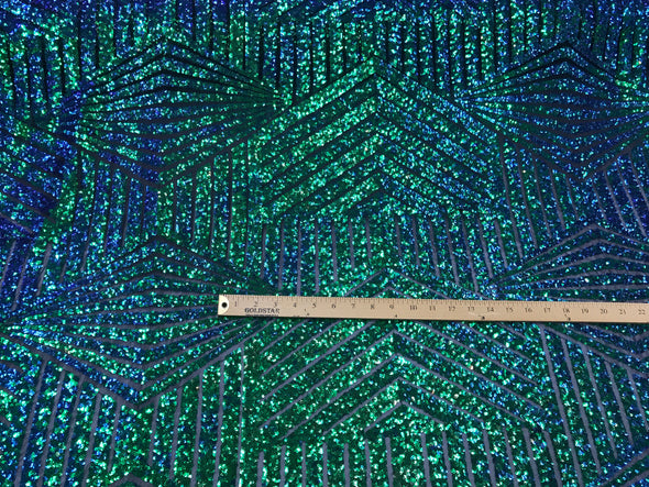 green/purple multi color iridescent sequin geometric design embroider on a black mesh-fashion-dresses-nightgown-decorations-Sold by the yard