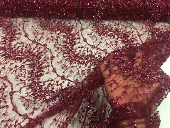 Burgundy french beaded design embroider on a mesh lace-prom-nightgown-bridal-wedding-sold by the yard.