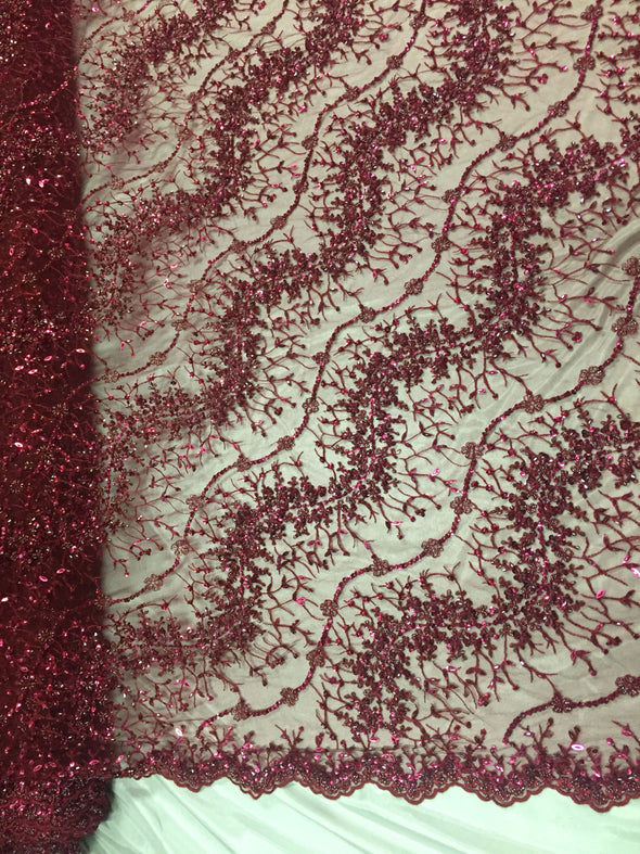 Burgundy french beaded design embroider on a mesh lace-prom-nightgown-bridal-wedding-sold by the yard.