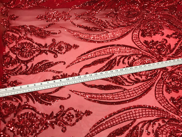 Red empire design with sequins embroider on a 2 way stretch mesh fabric-prom-nightgown-decorations-sold by the yard.