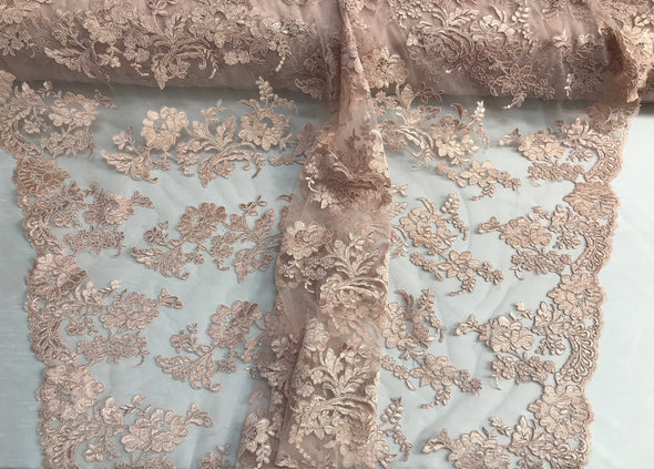 Blush pink floral design embroider and corded on a mesh lace fabric-fashion-decorations-prom-nightgown-sold by the yard.