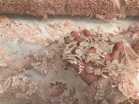 Blush pink floral design embroider and corded on a mesh lace fabric-fashion-decorations-prom-nightgown-sold by the yard.