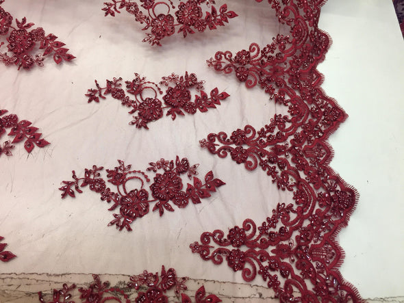 Elegant burgundy hand beaded flower design embroider on a mesh lace-prom-nightgown-bridal-wedding-sold by the yard.