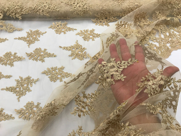 Gold paisley flower embroider and corded with a metallic gold tread on a mesh lace-wedding-bridal-prom-nightgown-decorations- sold by yard.