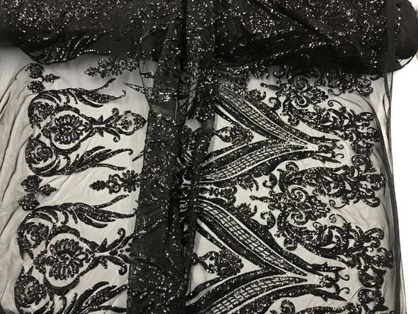 Black empire design embroider with sequins on a 2 way stretch mesh-wedding-bridal-prom-nightgown-dresses-sold by the yard.NEW!