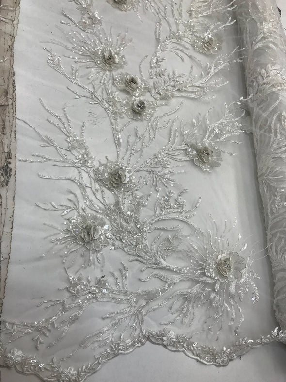 Ivory 3d flower french design embroider with beads and sequins on a mexh lace-wedding-bridal-prom-nightgown-sold by the yard.