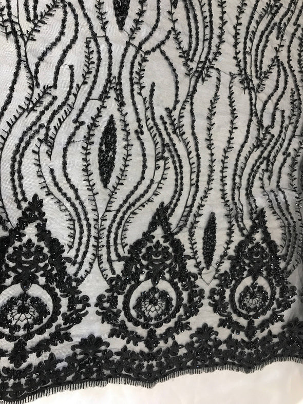 Black hand beaded fabric lace embroider with glass beads,Sequins and pearls on a mesh-prom-decorations-nightgown-bridal-sold by the yard.