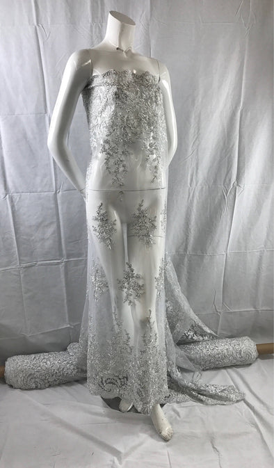 White metallic french flower design embroider and beaded on a mesh-wedding-bridal-prom-nightgown-sold by the yard.