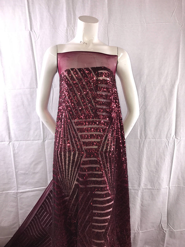 Geometric burgundy sequins embroider on a 4 way stretch mesh/Bridal/Prom/Nightgown-fashion-dress fabric. Sold by the yard.
