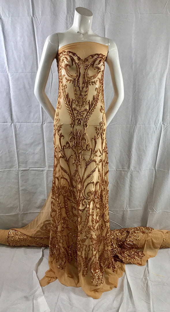 Matt gold damask design embroider with sequins on a 2 way stretch mesh-prom-nightgown-decorations-fashion-dreses-sold by the yard.