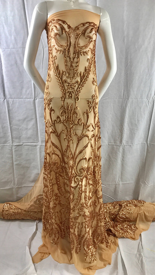 Matt gold damask design embroider with sequins on a 2 way stretch mesh-prom-nightgown-decorations-fashion-dreses-sold by the yard.