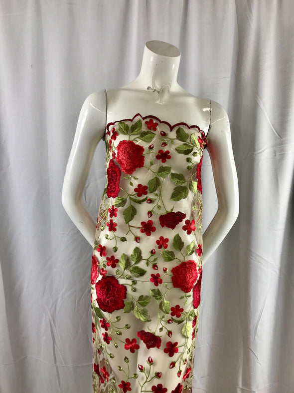 Red flower garden design embroider on a nude mesh lace-prom-dresses-nightgown-decorations-sold by the yard.