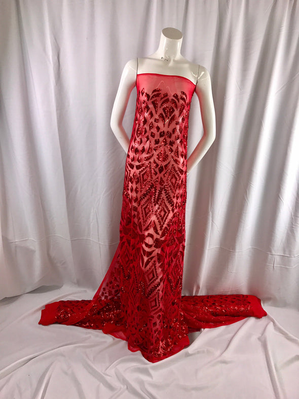 Red diamond burst design embroider with sequins on a mesh lace fabric-wedding-bridal-prom-nightgown-dresses-decorations-sold by the yard.