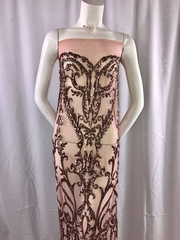 Dusty rose damask design embroider with sequins on a 2 way stretch mesh-prom-nightgown-decorations-dresses-sold by the yard.