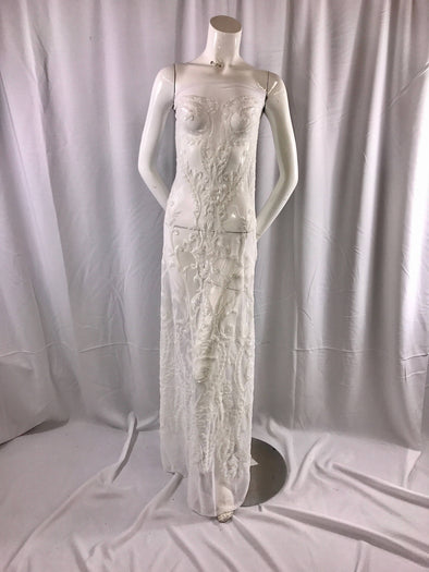White damask design embroider with sequins on a 2 way stretch mesh-prom-nightgown-decorations-bridal-dresses-sold by the yard.