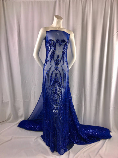 Royal blue empire design with sequins embroider on a 2 way stretch mesh fabric-prom-nightgown-decorations-dresses-sold by the yard.
