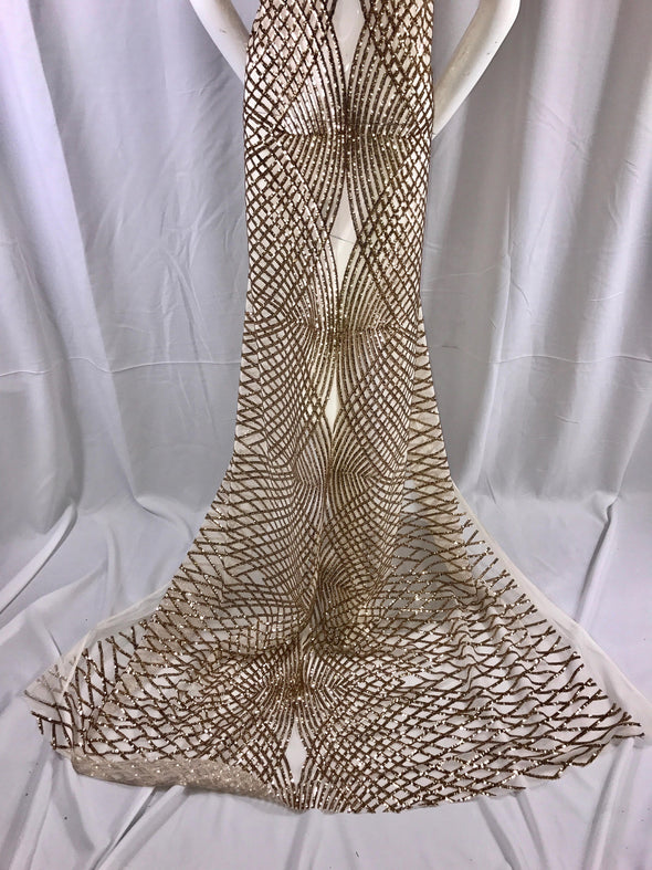 Gold venom diamond web-embroider with sequins on a ivory mesh lace fabric- wedding-bridal-prom-nightgown fabric-dresses-sold by the yard.