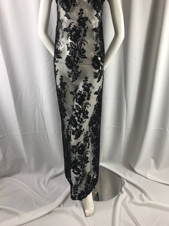 Black floral design embroider and corded on a mesh lace fabric-fashion-decorations-nightgown-prom-apparel-dresses-sold by the yard.