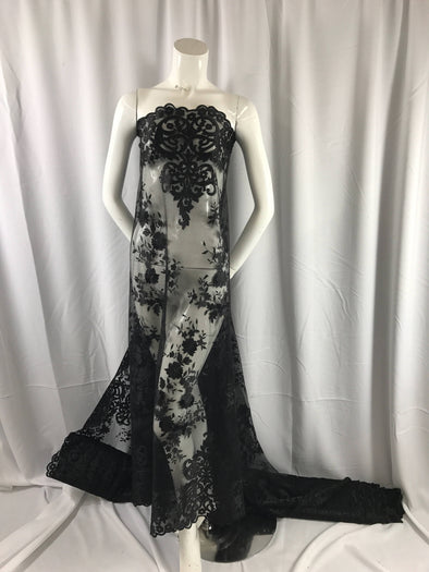 Black flowers embroider on a 2 way stretch mesh lace. Wedding/bridal/Prom/Nightgown fabric-dresses-fashion-apparel-Sold by the yard.