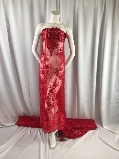 Red flowers enbroider on a 2 way stretch mesh lace.wedding/Bridal/Prom/Nightgown fabric-apparel-fashion-dresses-Sold by the yard.