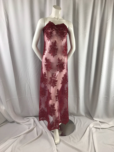 Burgundy flower lace corded and embroider with sequins on a mesh. Wedding/bridal/prom/nightgown fabric-apparel-fashion-Sold by the yard.