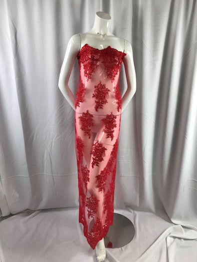 Red flower lace corded and embroider with sequins on a mesh. Wedding/bridal/prom/nightgown fabric-dresses-apparel-Sold by the yard.