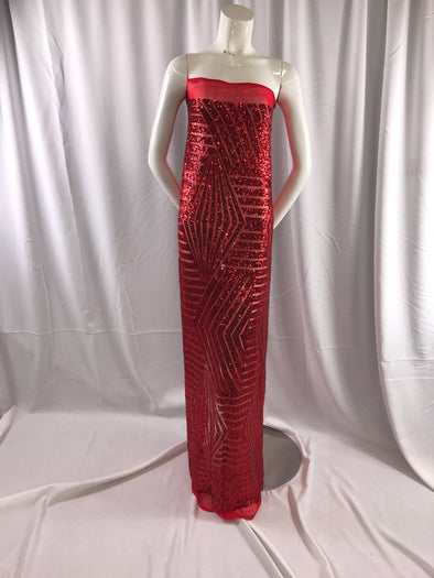 Red geometric sequins design embroider on a red 2 way stretch mesh-wedding-bridal-prom-nightgown-dresses-dresses-apparel-Sold by the yard.