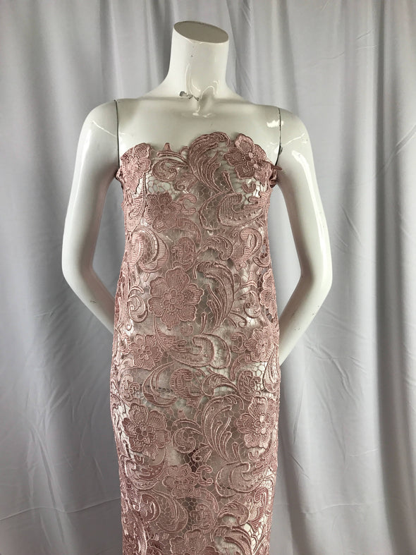 Blush pink flower guipure embroider lace. Prom/wedding/bridal/nightgown/tablecloths fabric-apparel-dresses-fashion-sold by the yard.
