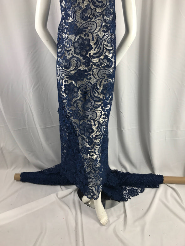 Fascinating navy blue light weight guipure design-prom-decorations-nightgown-apparel-fashion-dresses-sold by the yard.