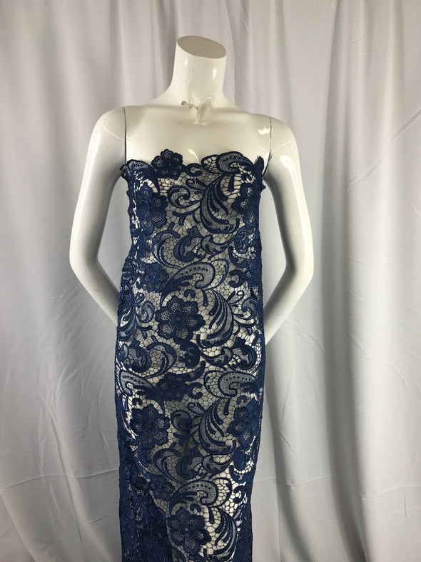 Fascinating navy blue light weight guipure design-prom-decorations-nightgown-apparel-fashion-dresses-sold by the yard.
