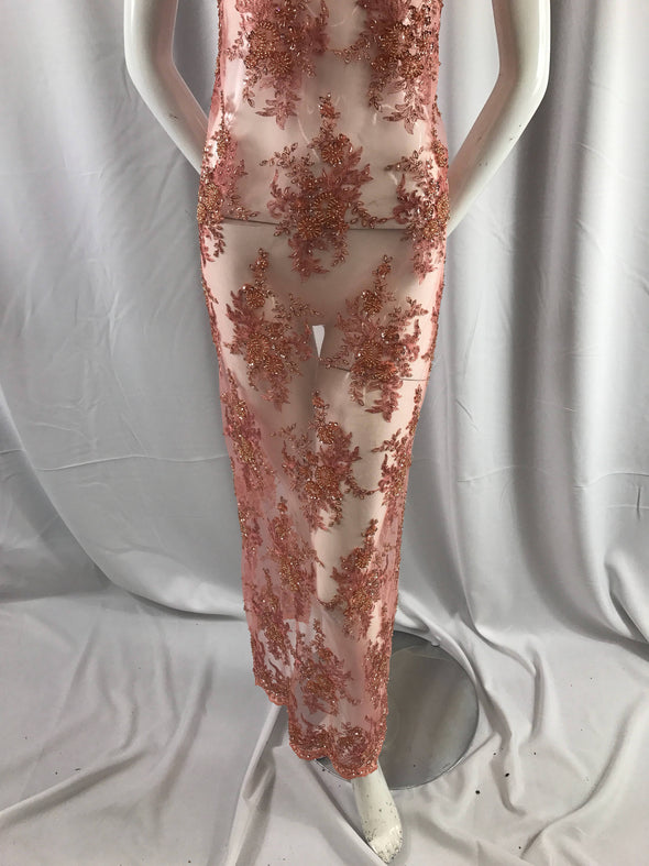 Gorgeous dark coral  French design embroider and beaded on a mesh lace.Wedding/Bridal/Prom/Nightgown fabric-dresses-fashion-sold by the yard