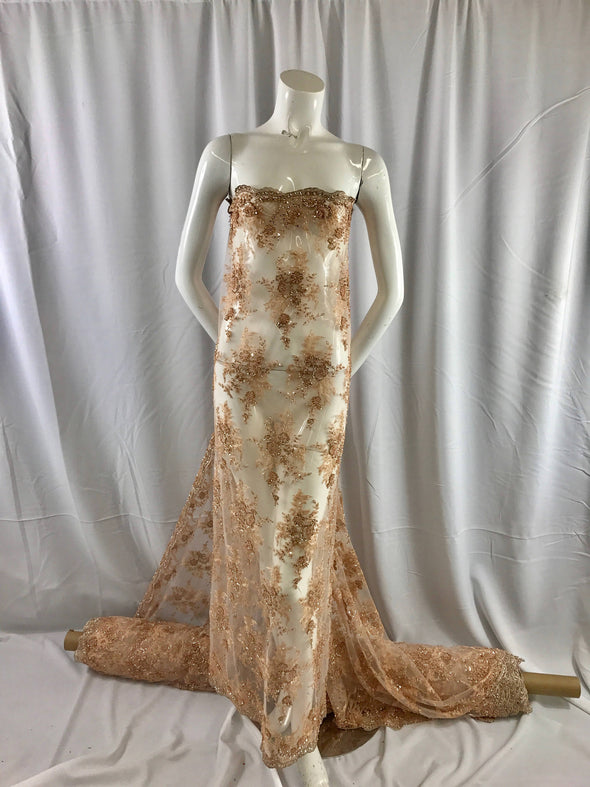 Skin color flowers design embroider and hand beaded on a mesh lace.Wedding/Bridal/Prom/Nightgown fabric-dresses-fashion-apparel-Sold by yard