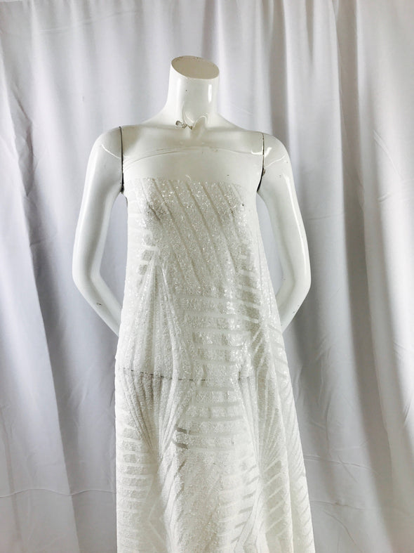 Off White geometric design embroidory with sequins on a white mesh-dresses-fashion-apparel-nightgown-decorations-sold by the yard.