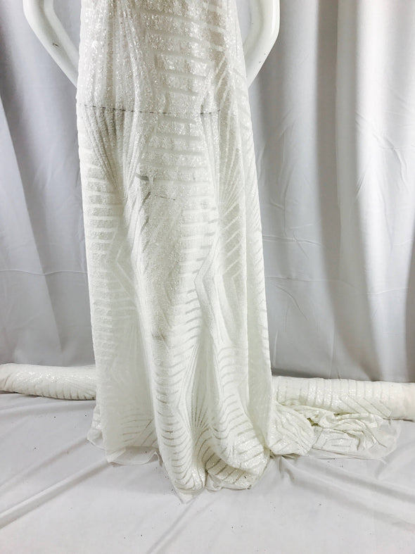 Off White geometric design embroidory with sequins on a white mesh-dresses-fashion-apparel-nightgown-decorations-sold by the yard.