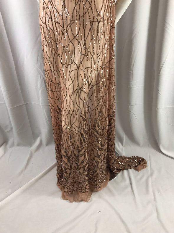 Dazzling light brown fashion tree emrboider with sequins on a mesh lace-prom-nightgown-decorations-dresses-fashion-sold by the yard