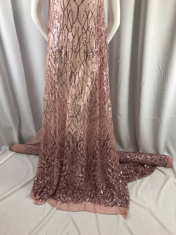 Dazzling Dusty Rose fashion tree Embroider with Sequins on a mesh lace-prom-nightgown-decorations-dresses-apparel-fashion-sold by the yard