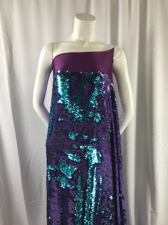 Purple-turquoise mermaid fish scales 2 way stretch lycra 2 way flip flop shiny sequins-prom-nightgown-decorations-dresses-fashion-by yard..