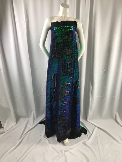 Green iridescent-matt black sequin mermaid fish scales- 2 way stretch lycra-2 tone flip flop sequins-prom-nightgown-decorations-sold by yard